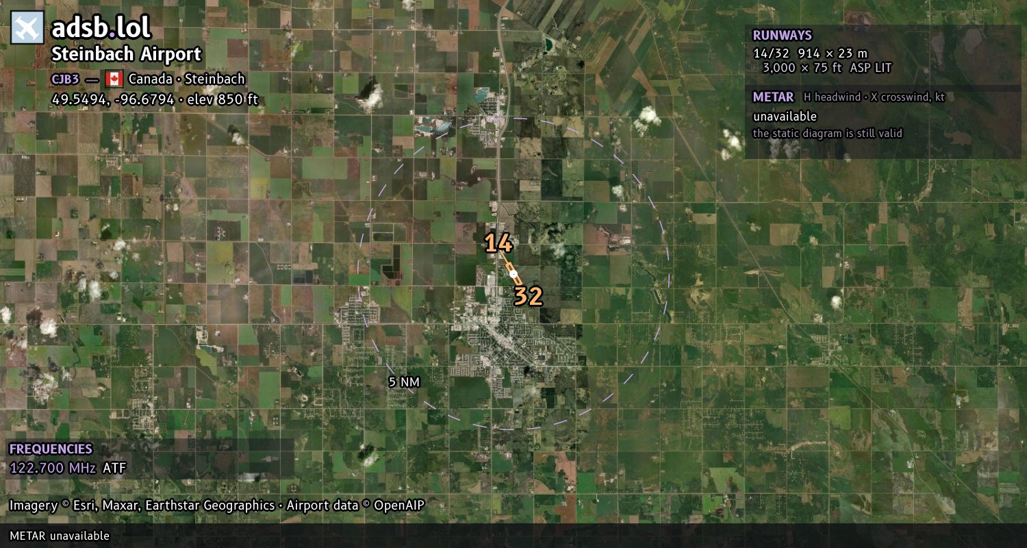 Satellite map with the runway layout of Steinbach Airport (CJB3)