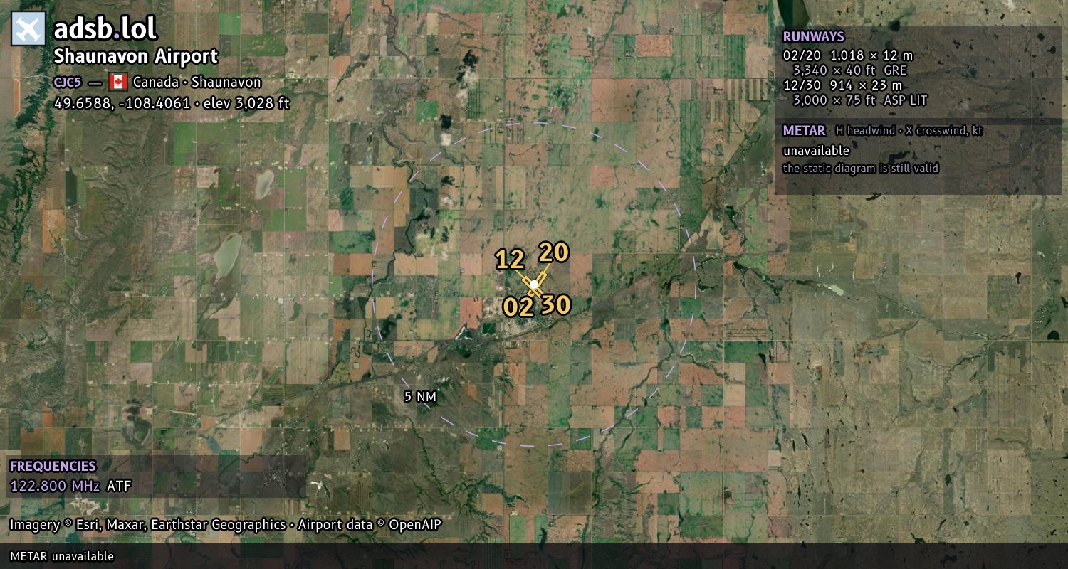 Satellite map with the runway layout of Shaunavon Airport (CJC5)