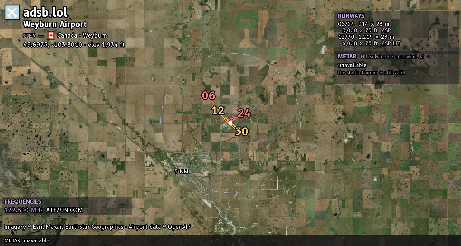 Satellite map with the runway layout of Weyburn Airport (CJE3)