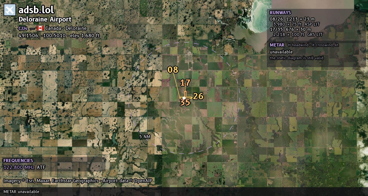 Satellite map with the runway layout of Deloraine Airport (CJJ4)