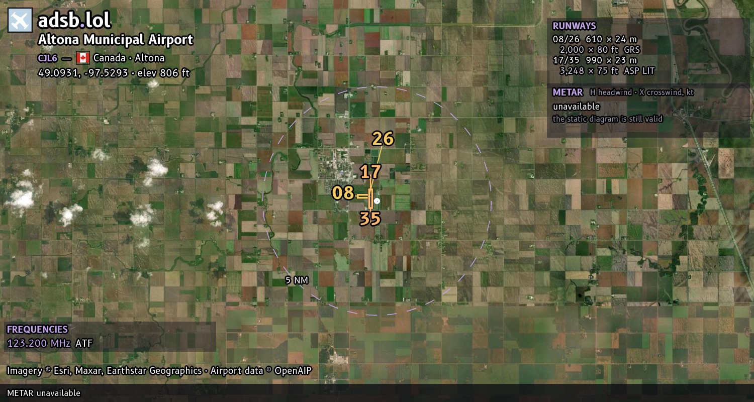 Satellite map with the runway layout of Altona Municipal Airport (CJL6)