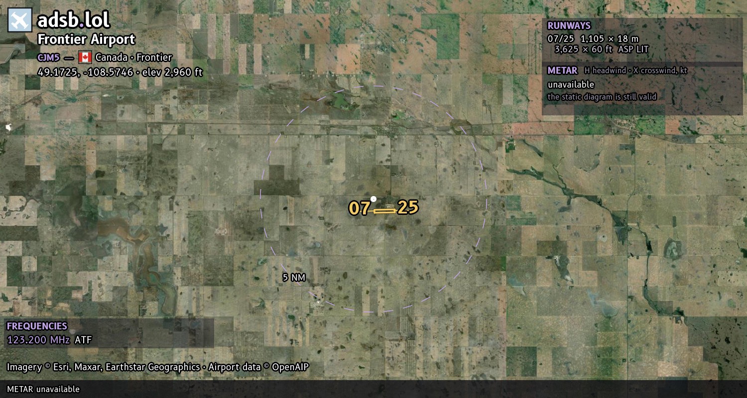 Satellite map with the runway layout of Frontier Airport (CJM5)