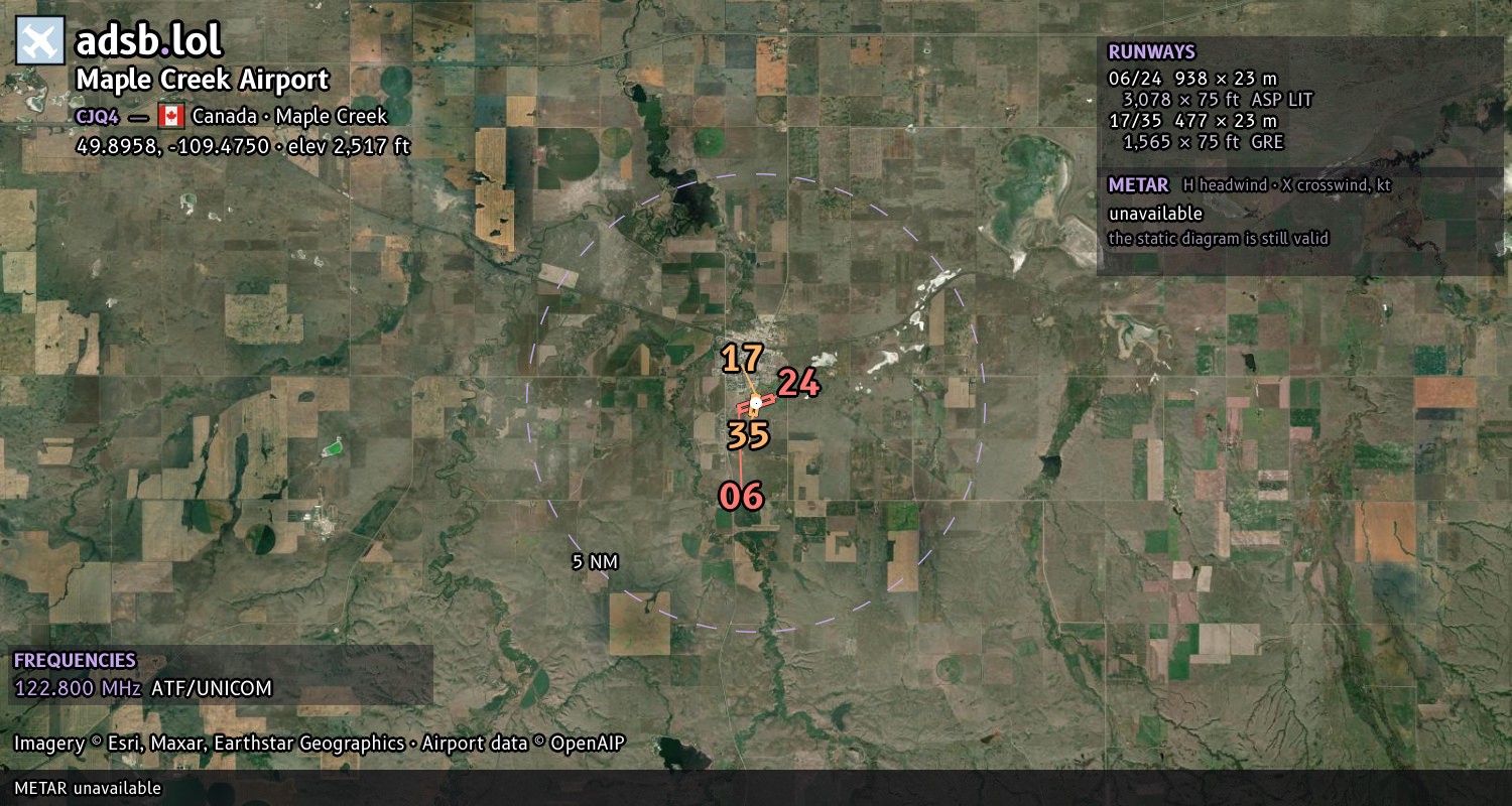 Satellite map with the runway layout of Maple Creek Airport (CJQ4)