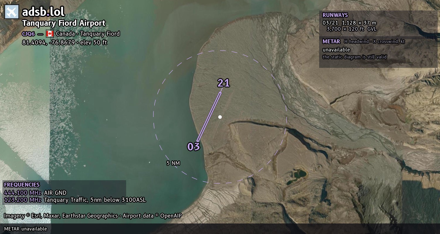 Satellite map with the runway layout of Tanquary Fiord Airport (CJQ6)