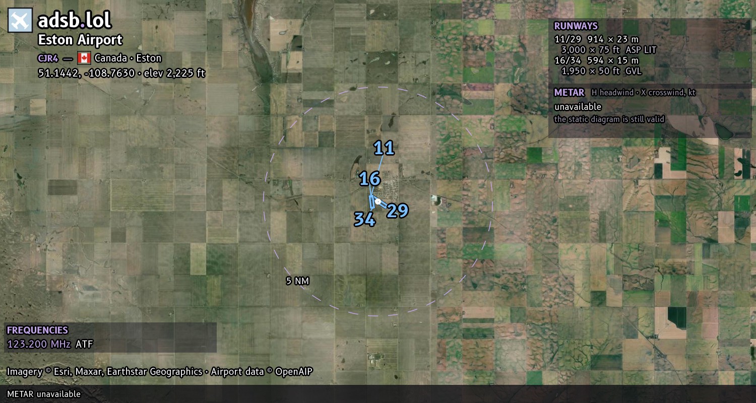 Satellite map with the runway layout of Eston Airport (CJR4)