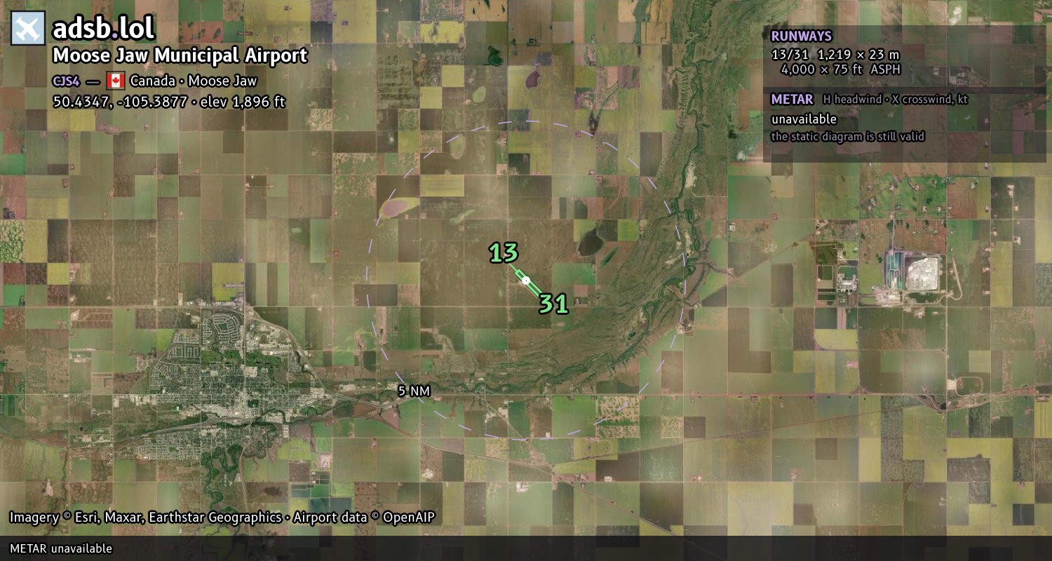Satellite map with the runway layout of Moose Jaw Municipal Airport (CJS4)