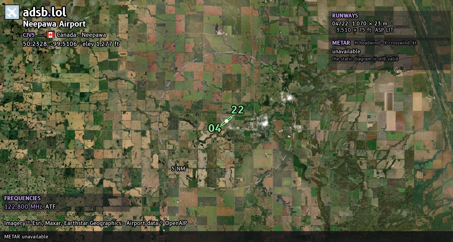 Satellite map with the runway layout of Neepawa Airport (CJV5)