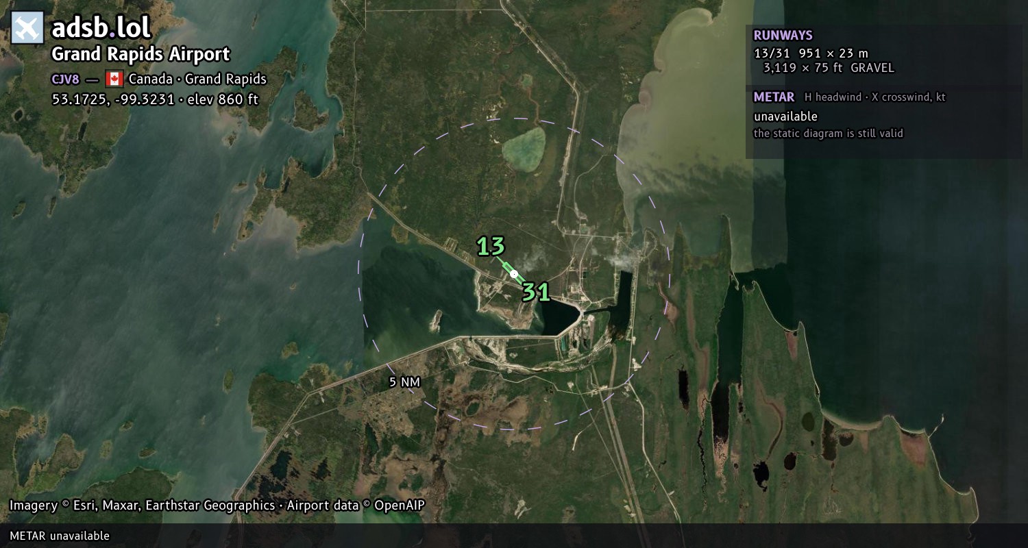 Satellite map with the runway layout of Grand Rapids Airport (CJV8)