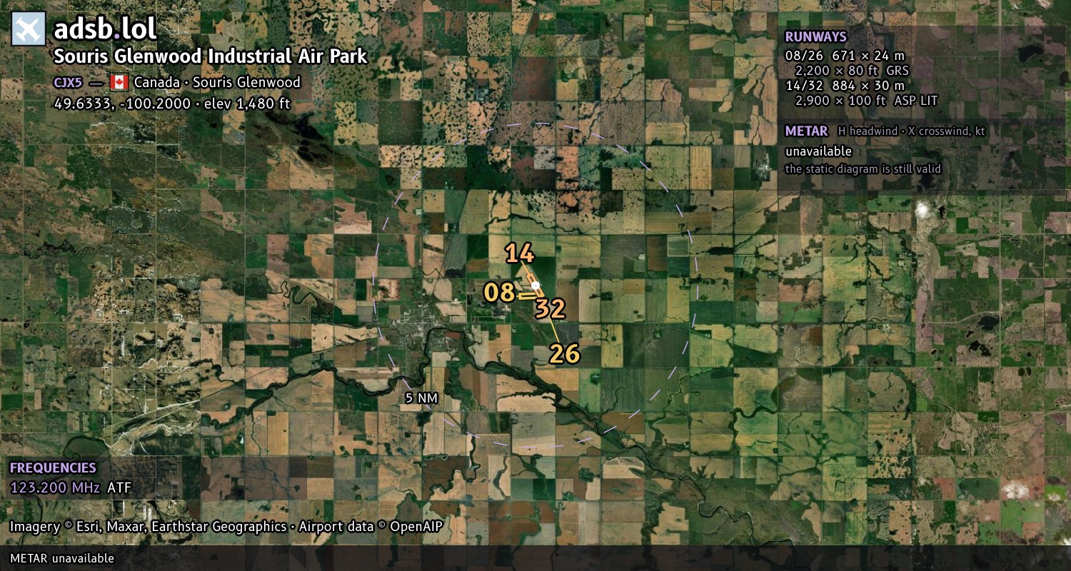 Satellite map with the runway layout of Souris Glenwood Industrial Air Park (CJX5)