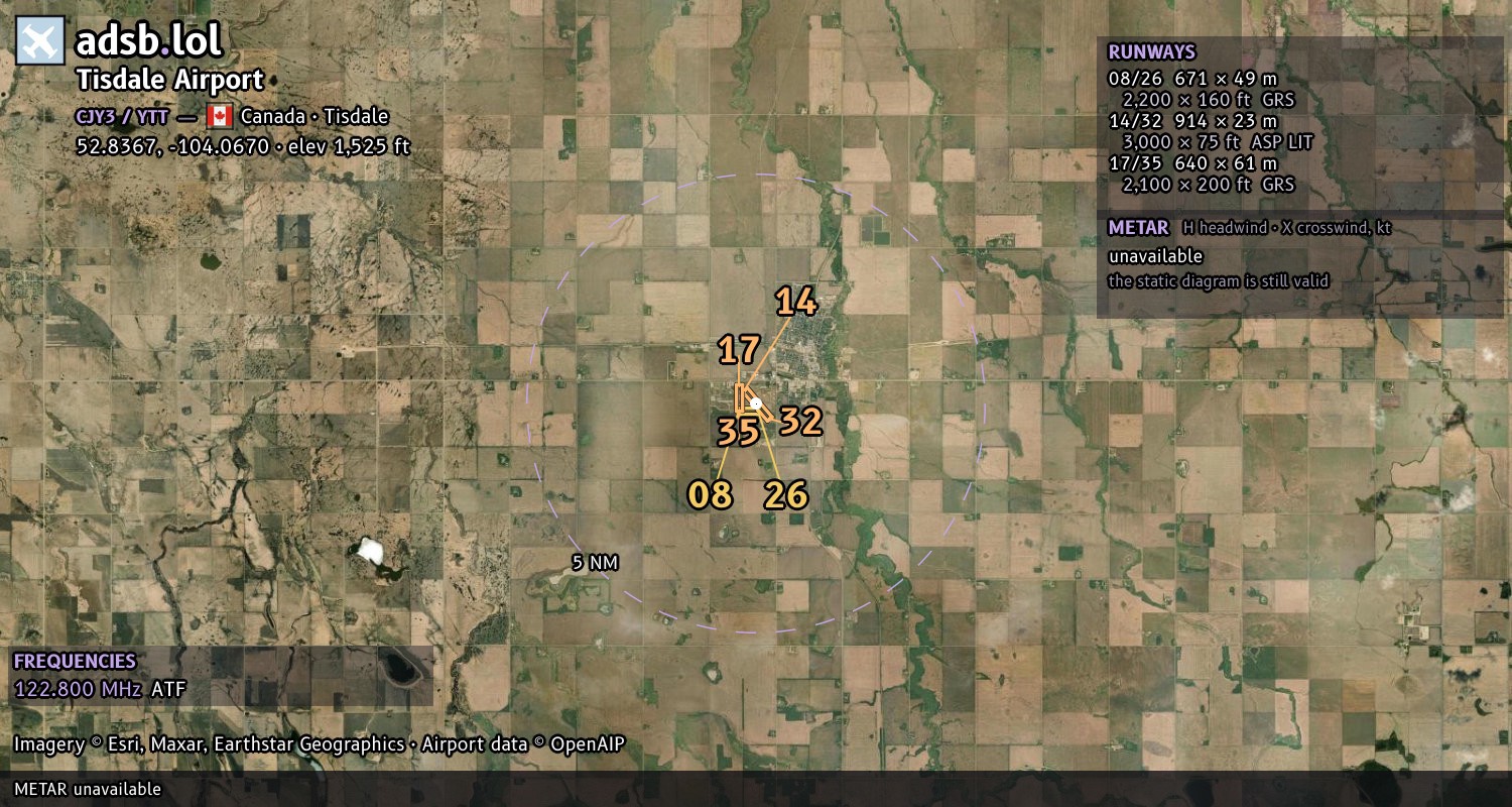 Satellite map with the runway layout of Tisdale Airport (CJY3)