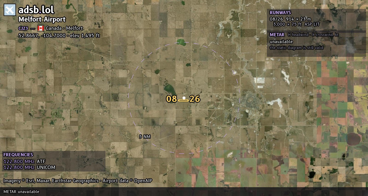 Satellite map with the runway layout of Melfort Airport (CJZ3)