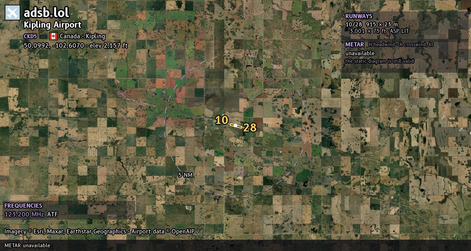 Satellite map with the runway layout of Kipling Airport (CKD5)