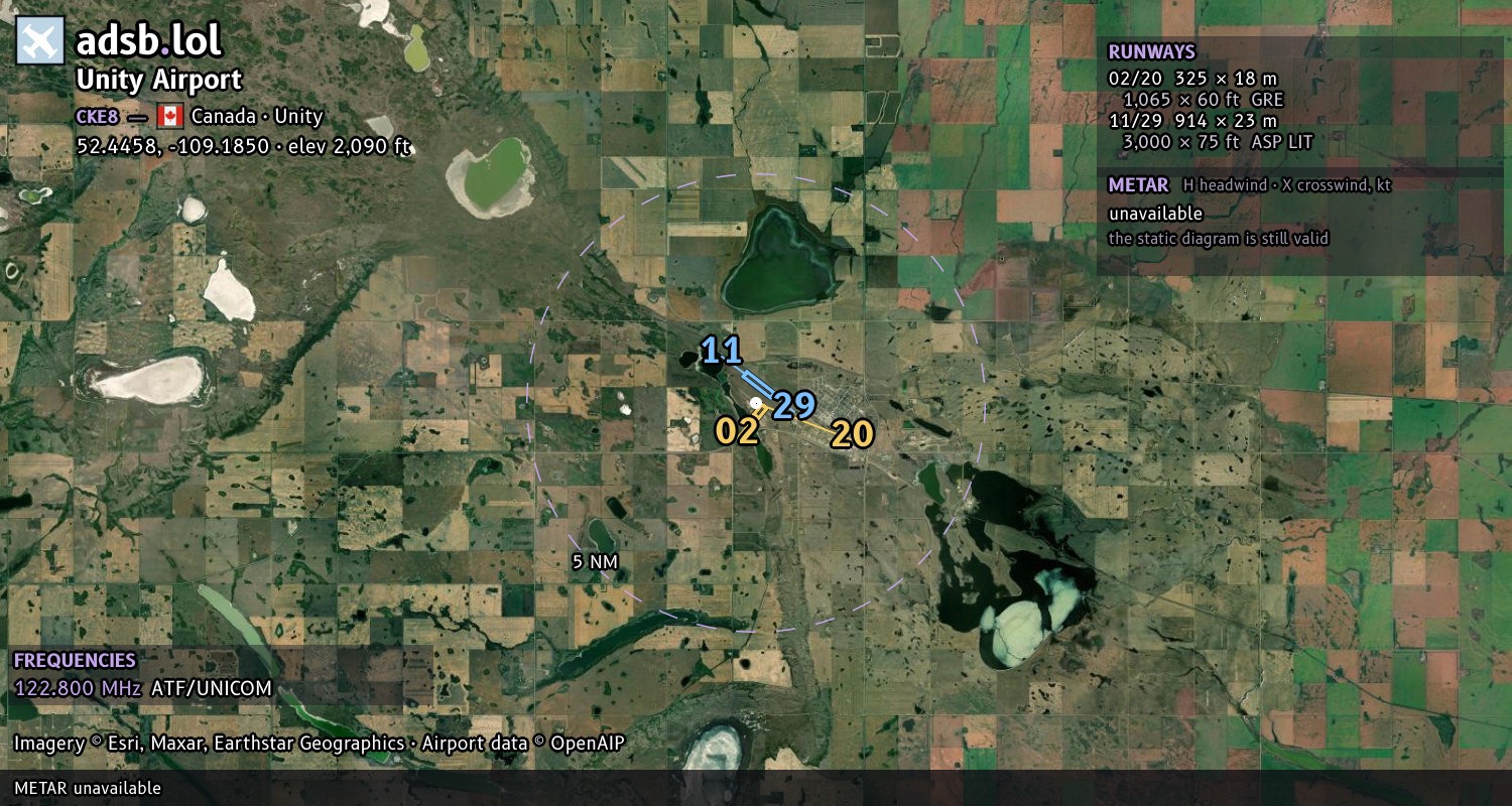 Satellite map with the runway layout of Unity Airport (CKE8)