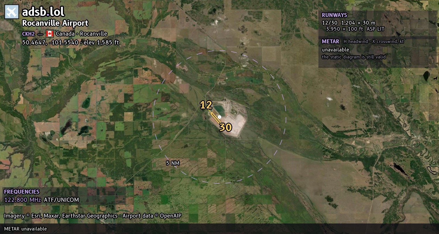 Satellite map with the runway layout of Rocanville Airport (CKH2)