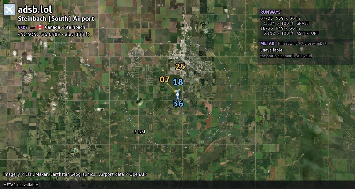 Satellite map with the runway layout of Steinbach (South) Airport (CKK7)