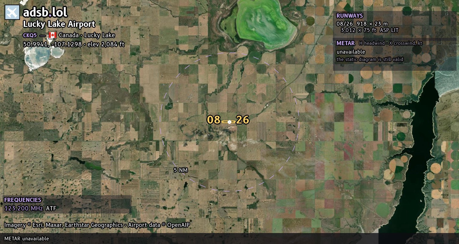 Satellite map with the runway layout of Lucky Lake Airport (CKQ5)