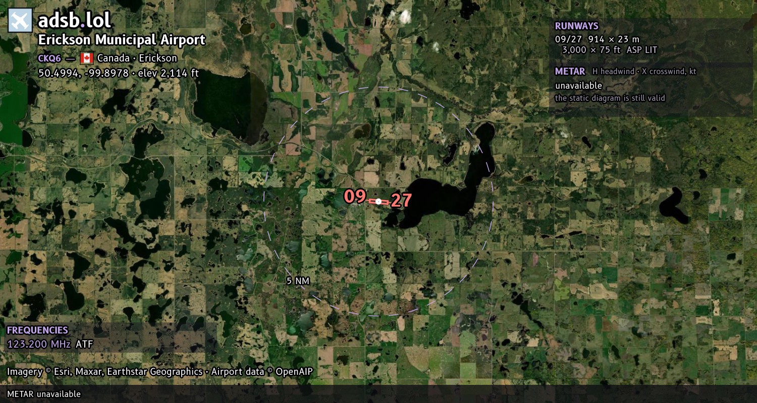 Satellite map with the runway layout of Erickson Municipal Airport (CKQ6)