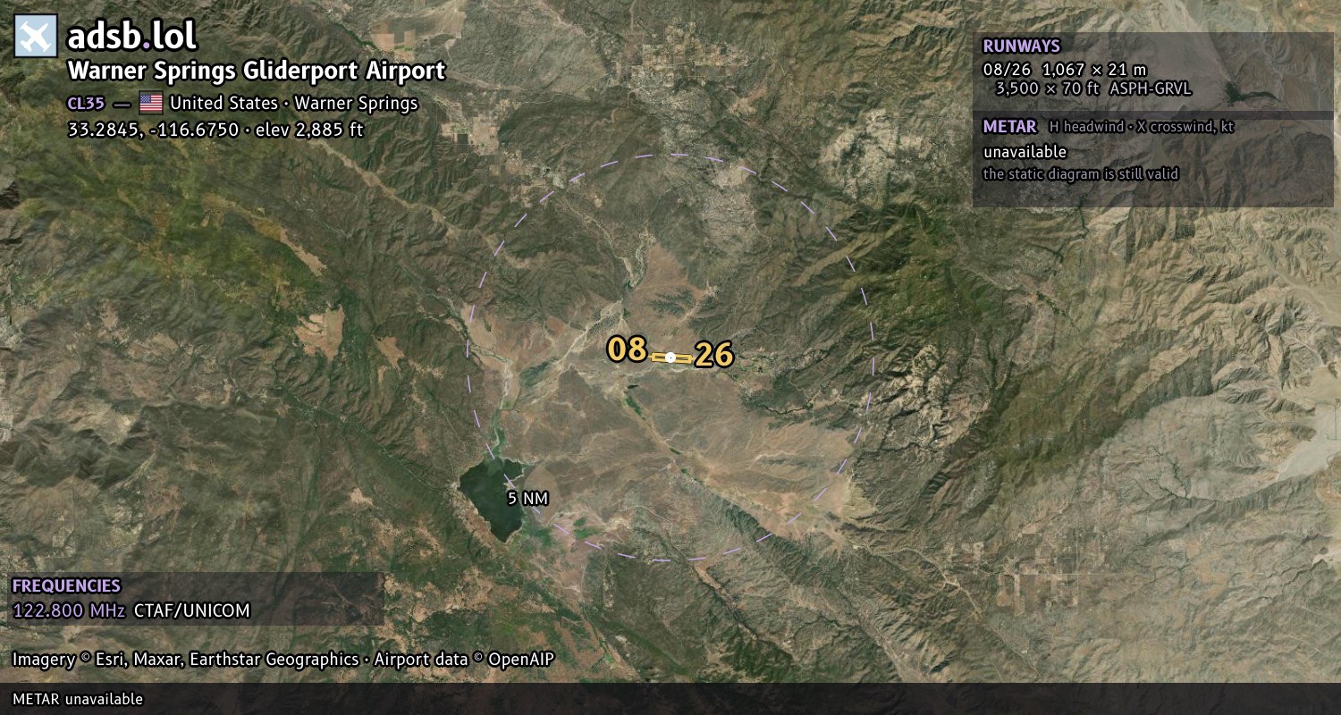Satellite map with the runway layout of Warner Springs Gliderport Airport (CL35)