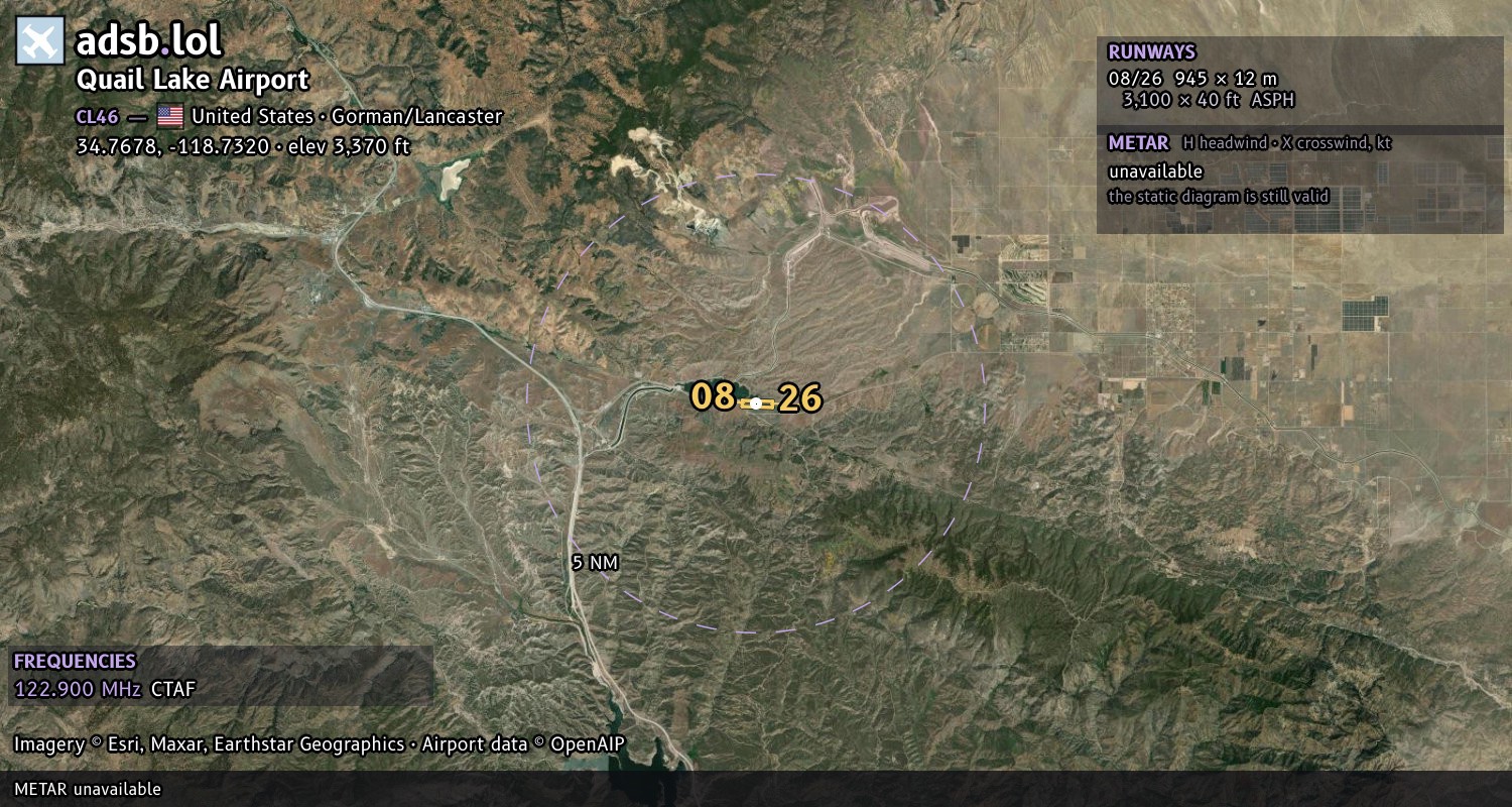 Satellite map with the runway layout of Quail Lake Airport (CL46)