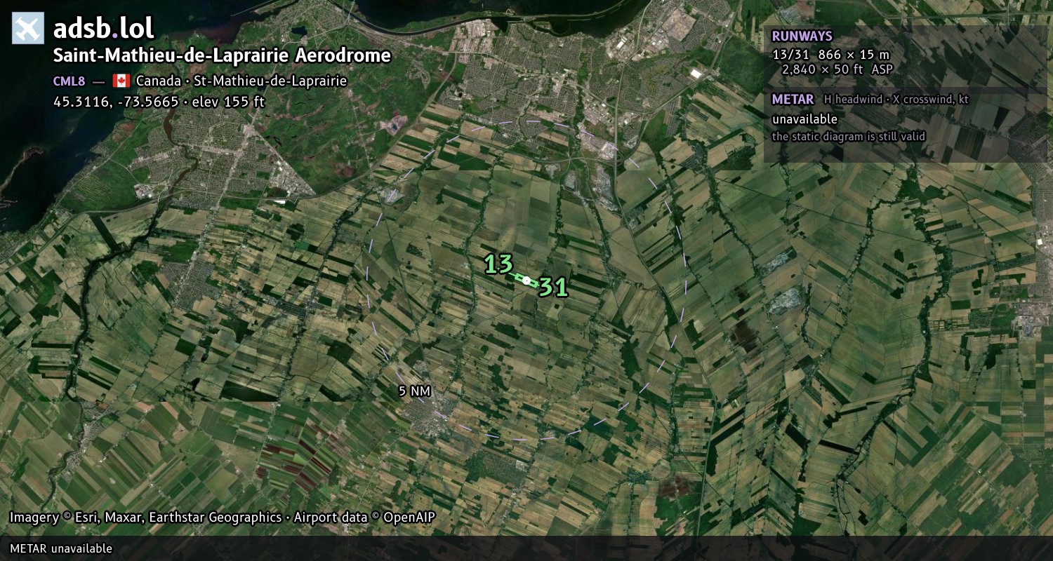 Satellite map with the runway layout of Saint-Mathieu-de-Laprairie Aerodrome (CML8)