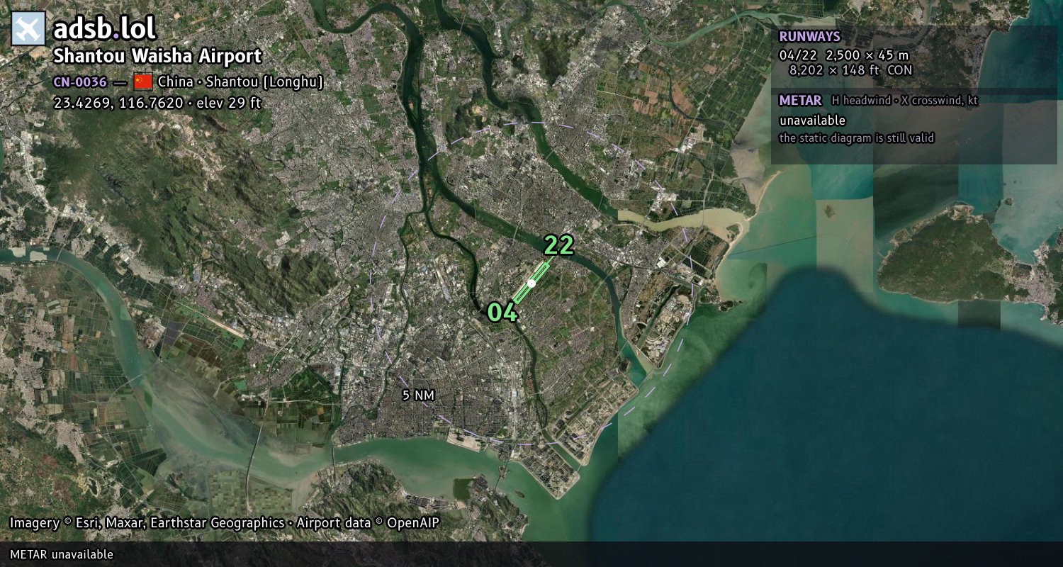 Satellite map with the runway layout of Shantou Waisha Airport (CN-0036)