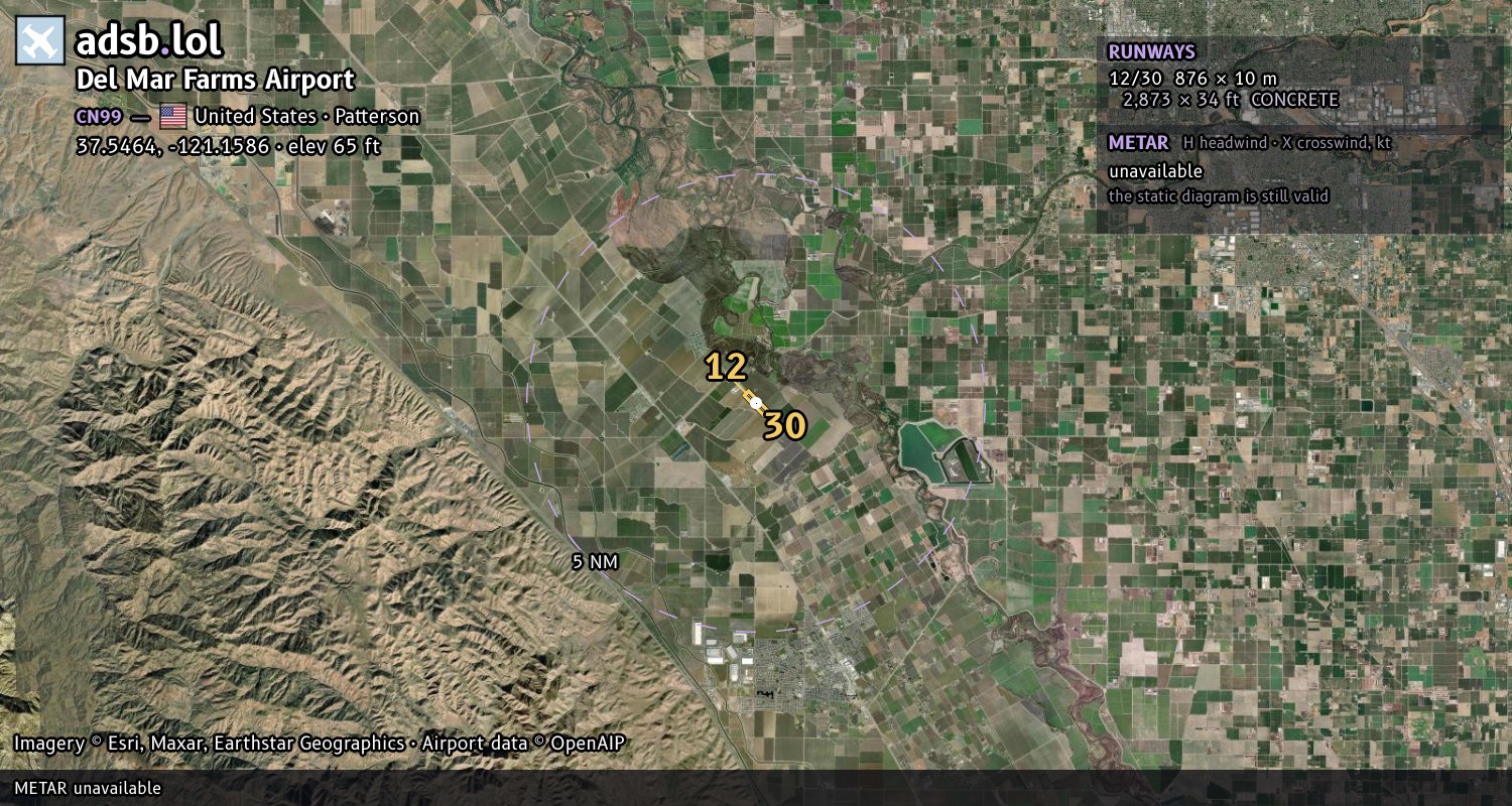 Satellite map with the runway layout of Del Mar Farms Airport (CN99)