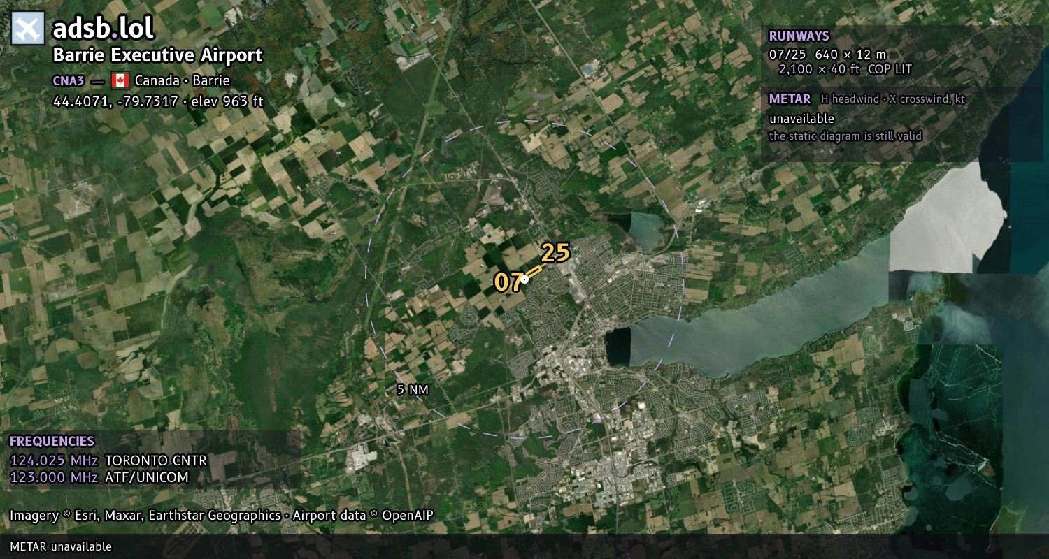 Satellite map with the runway layout of Barrie Executive Airport (CNA3)