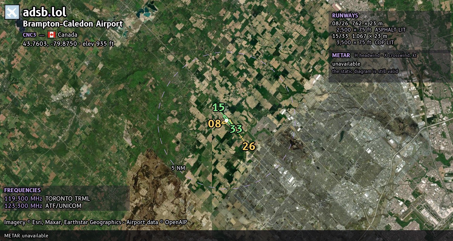 Satellite map with the runway layout of Brampton-Caledon Airport (CNC3)