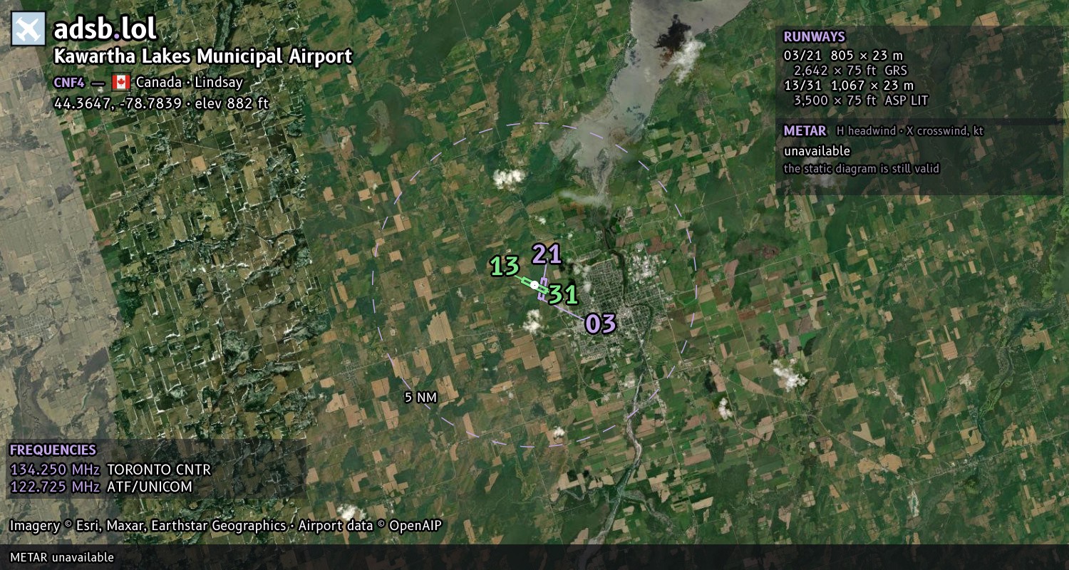 Satellite map with the runway layout of Kawartha Lakes Municipal Airport (CNF4)