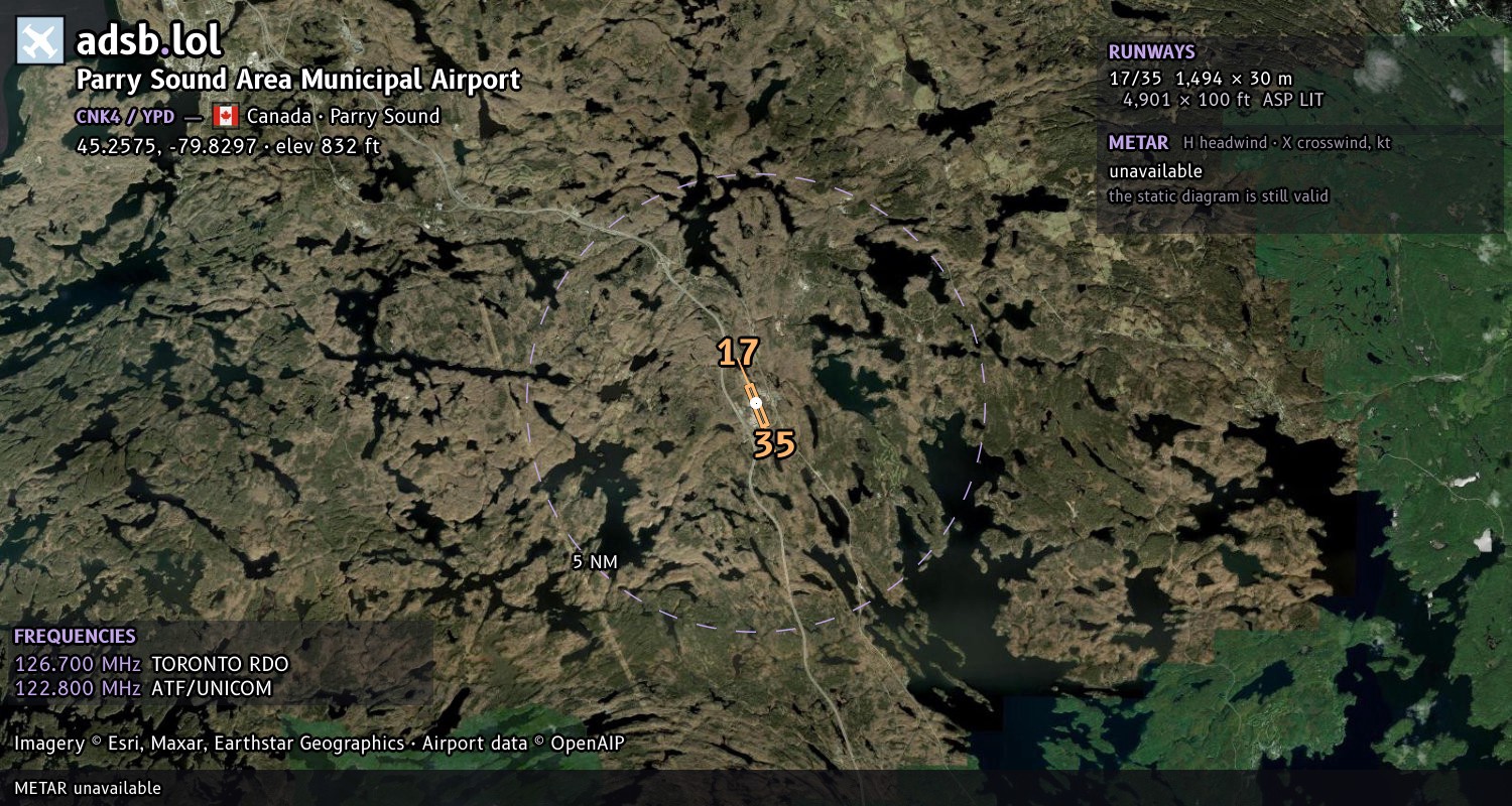 Satellite map with the runway layout of Parry Sound Area Municipal Airport (CNK4)