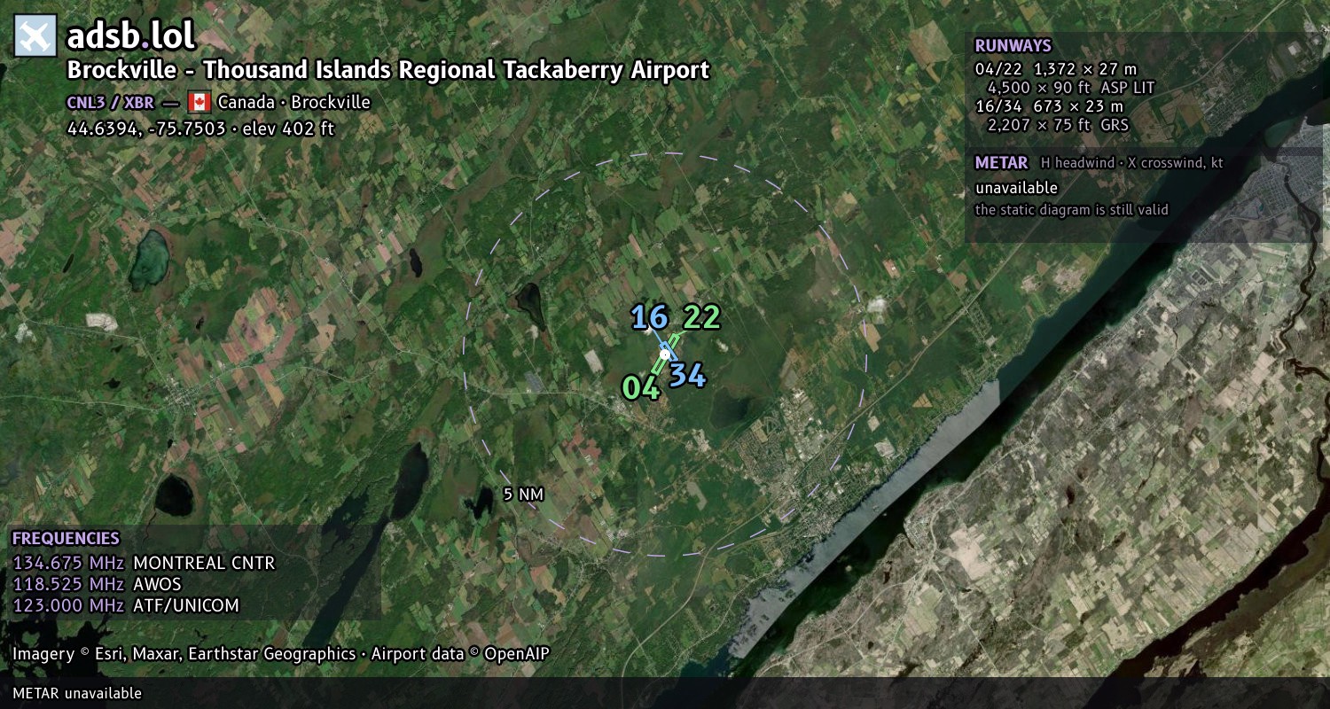 Satellite map with the runway layout of Brockville - Thousand Islands Regional Tackaberry Airport (CNL3)