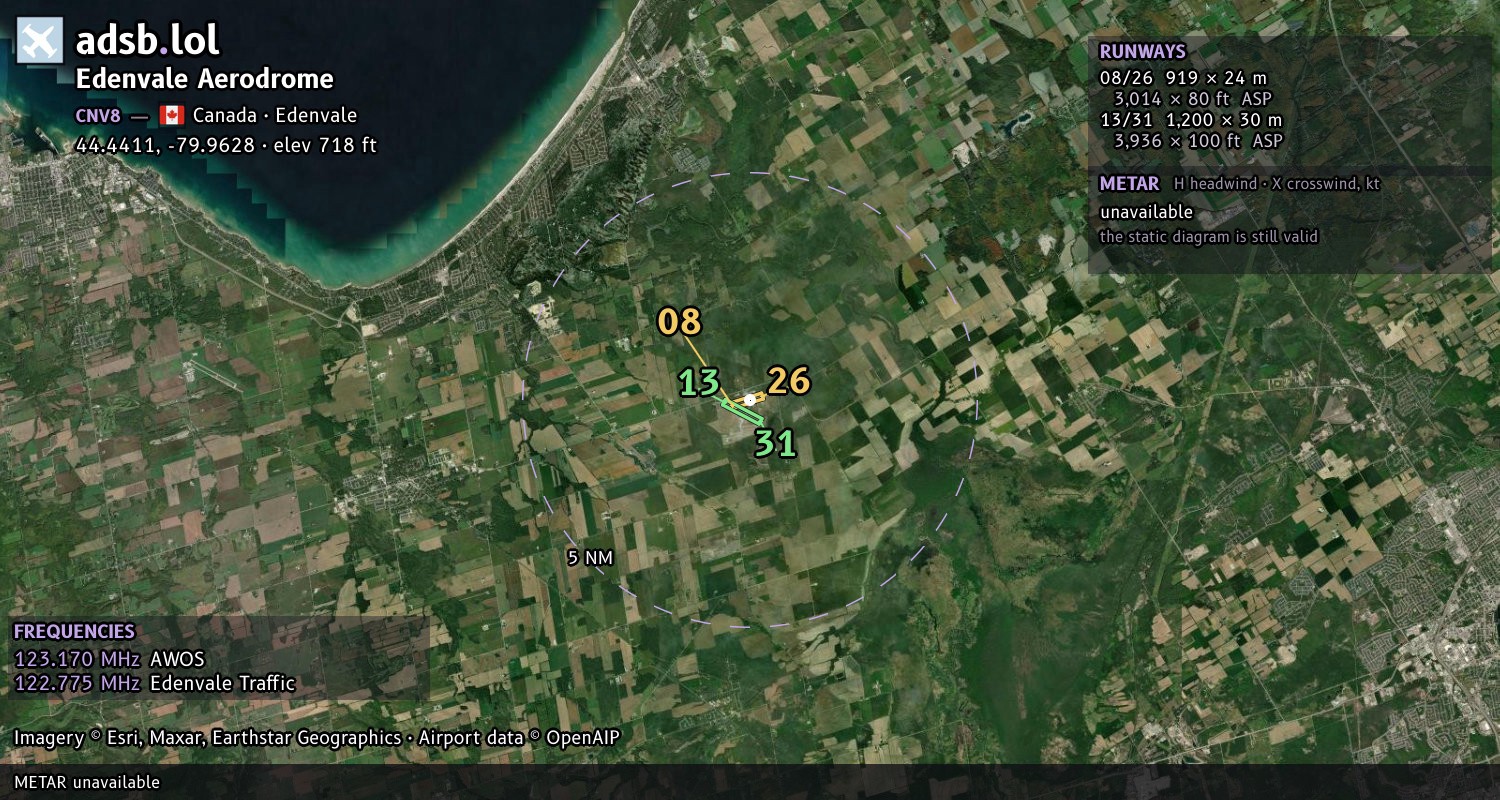 Satellite map with the runway layout of Edenvale Aerodrome (CNV8)