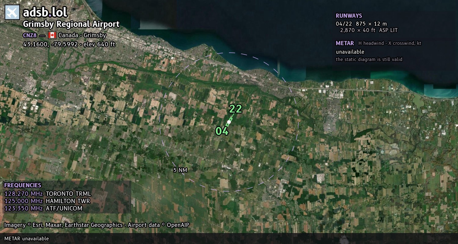 Satellite map with the runway layout of Grimsby Regional Airport (CNZ8)