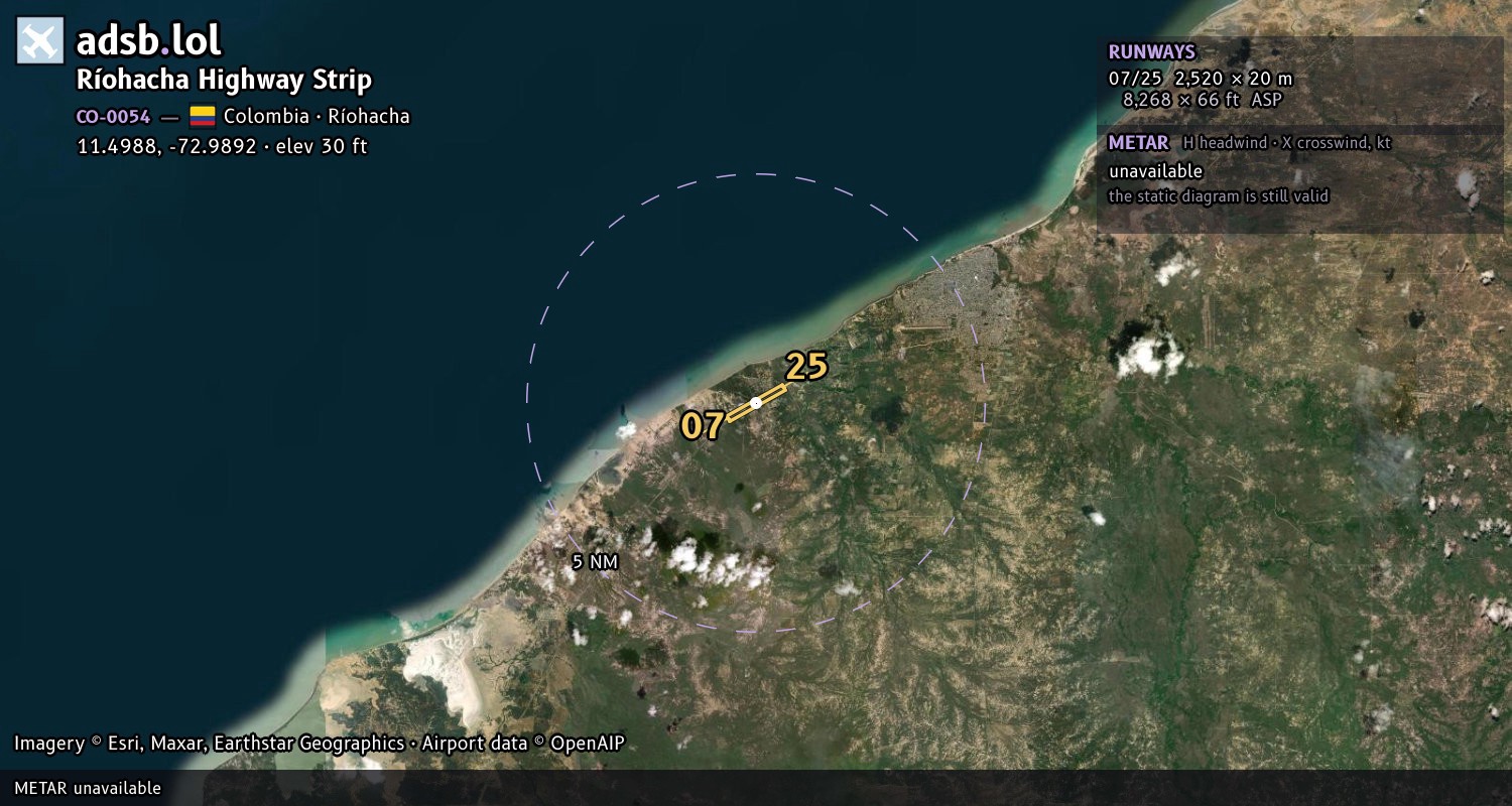 Satellite map with the runway layout of Ríohacha Highway Strip (CO-0054)