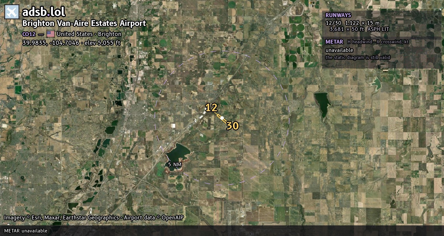 Satellite map with the runway layout of Brighton Van-Aire Estates Airport (CO12)