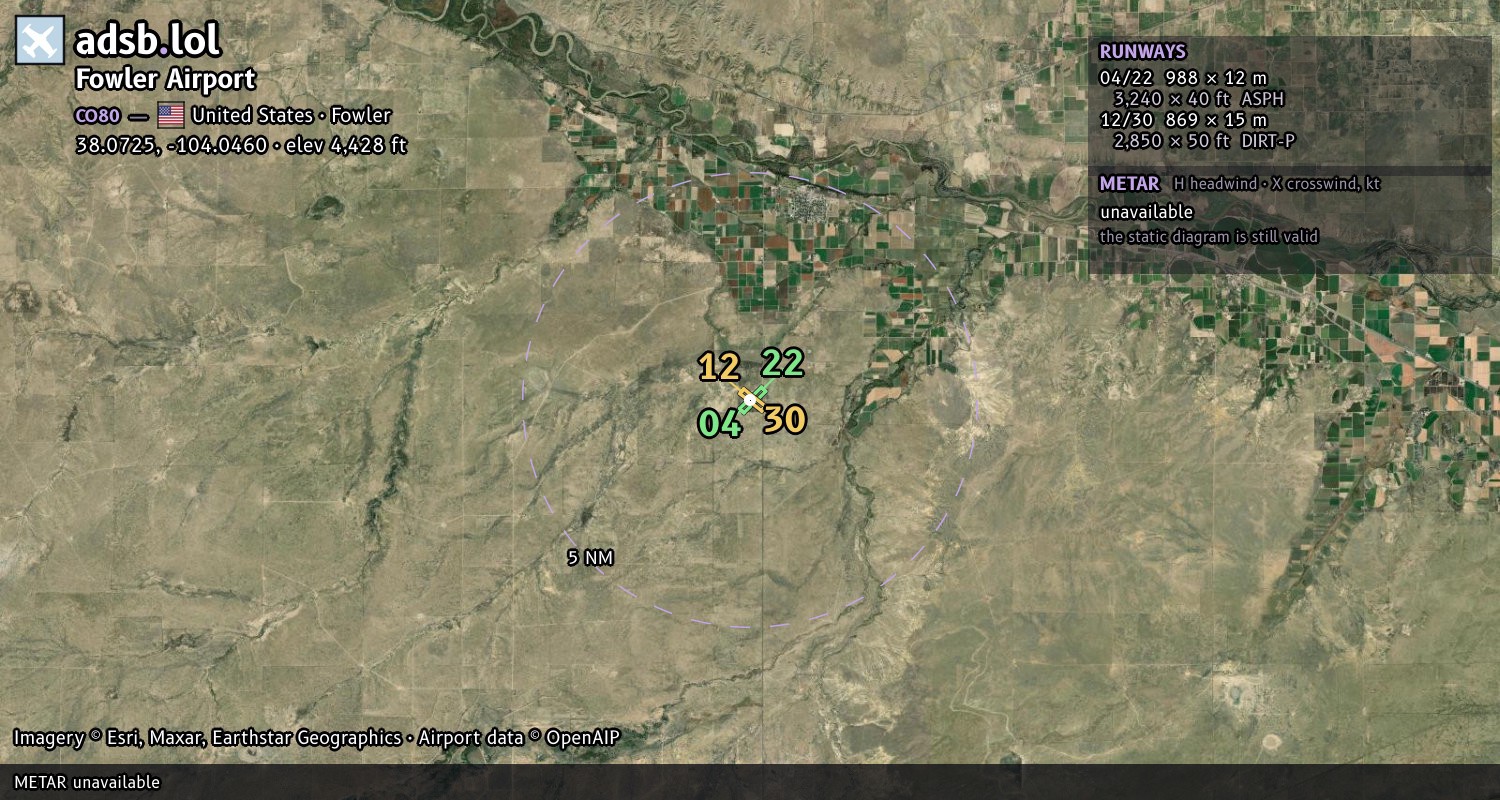Satellite map with the runway layout of Fowler Airport (CO80)