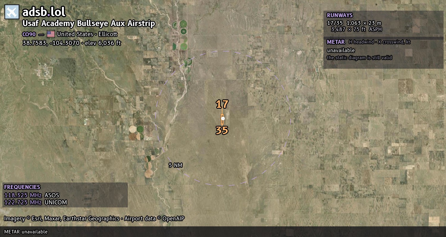 Satellite map with the runway layout of Usaf Academy Bullseye Aux Airstrip (CO90)
