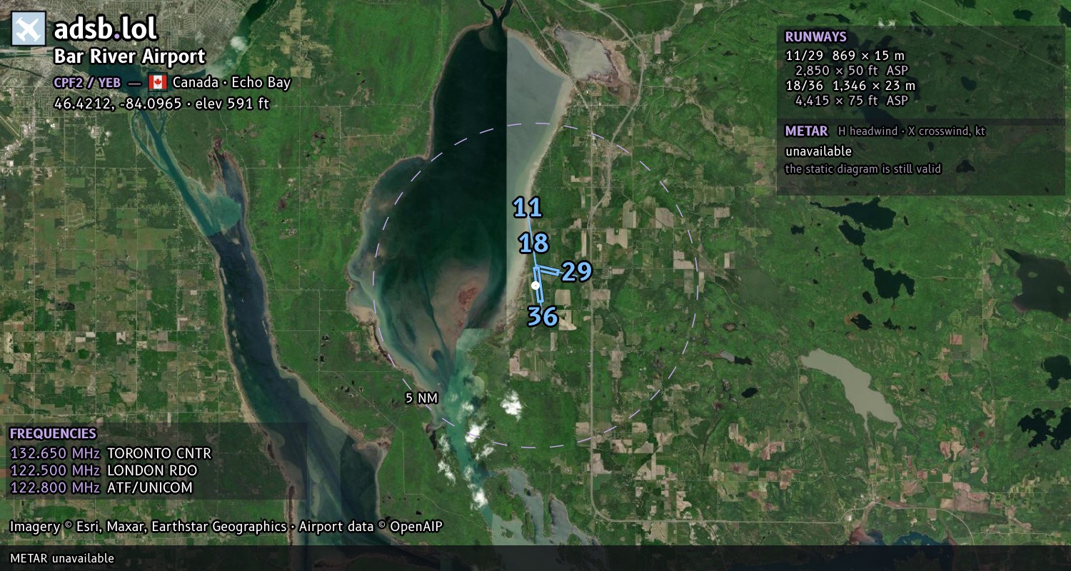 Satellite map with the runway layout of Bar River Airport (CPF2)