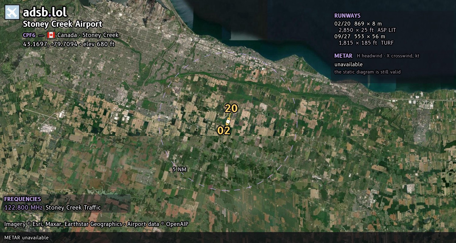 Satellite map with the runway layout of Stoney Creek Airport (CPF6)