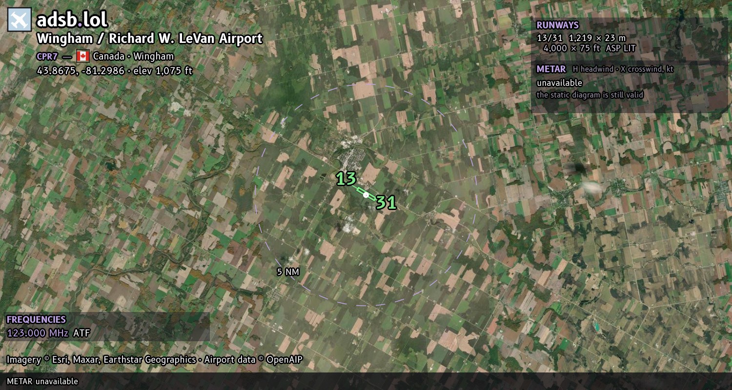 Satellite map with the runway layout of Wingham / Richard W. LeVan Airport (CPR7)