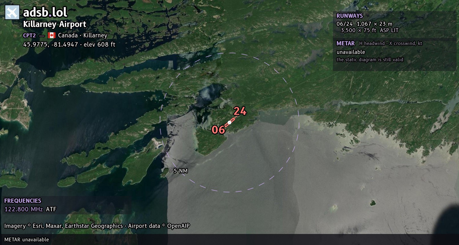 Satellite map with the runway layout of Killarney Airport (CPT2)