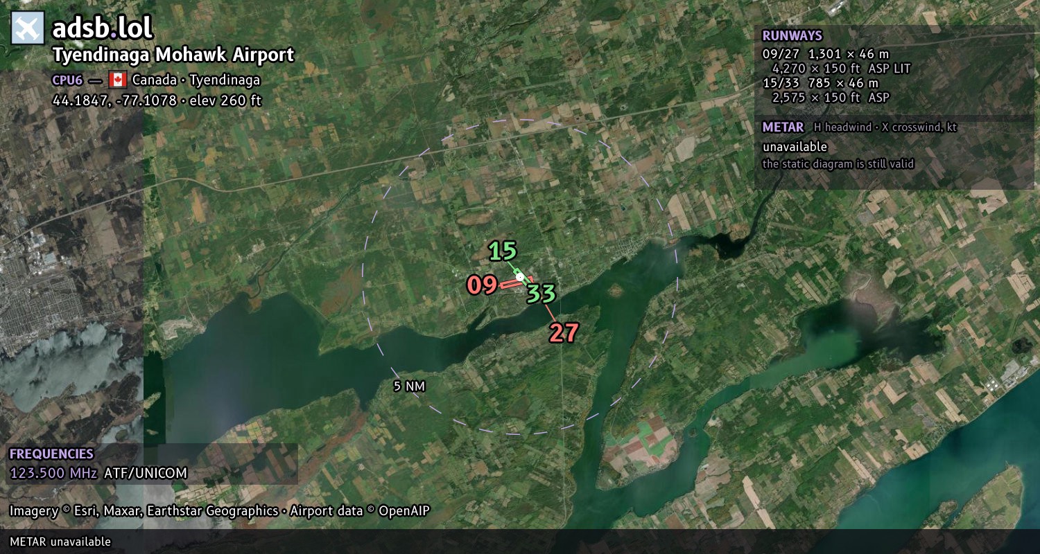 Satellite map with the runway layout of Tyendinaga Mohawk Airport (CPU6)