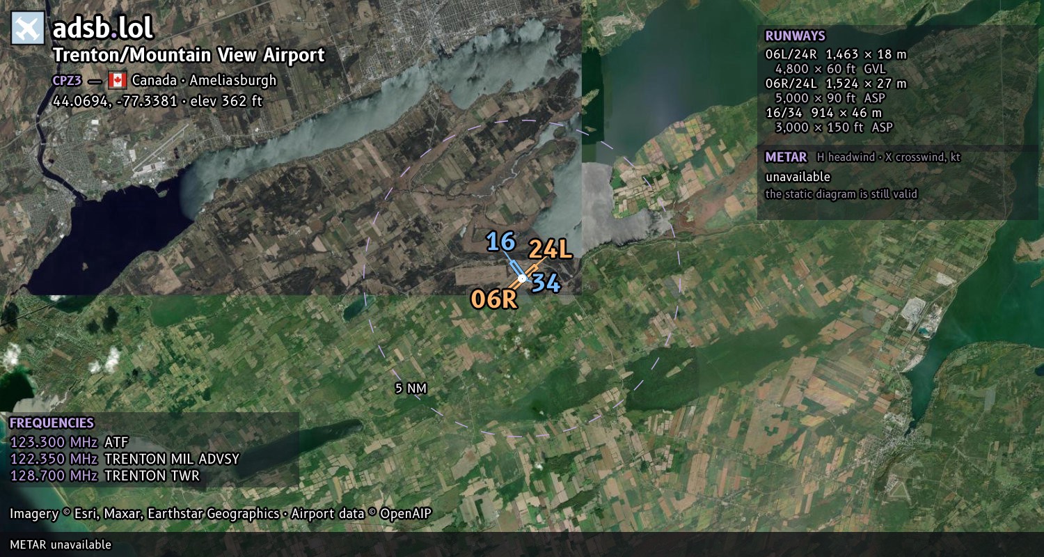 Satellite map with the runway layout of Trenton/Mountain View Airport (CPZ3)
