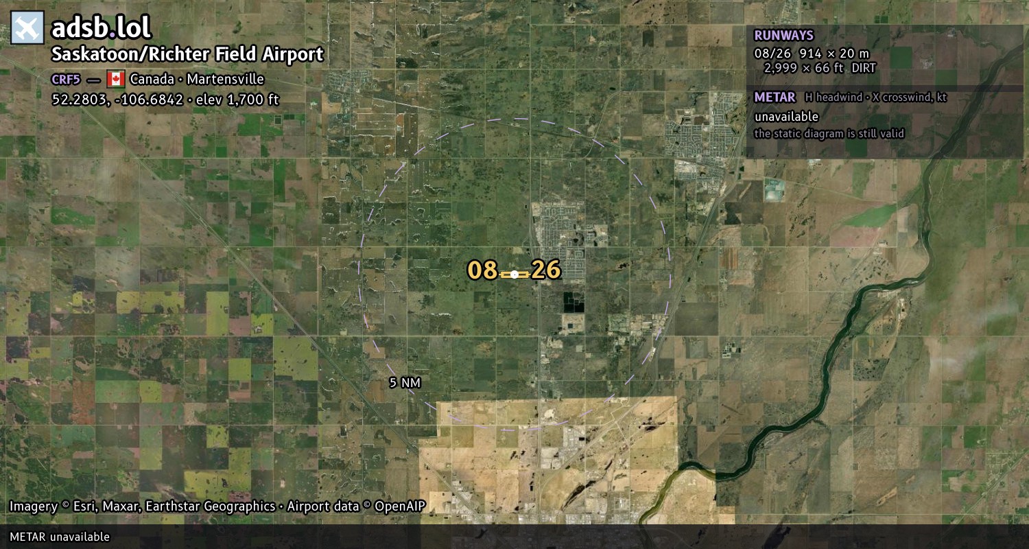 Satellite map with the runway layout of Saskatoon/Richter Field Airport (CRF5)