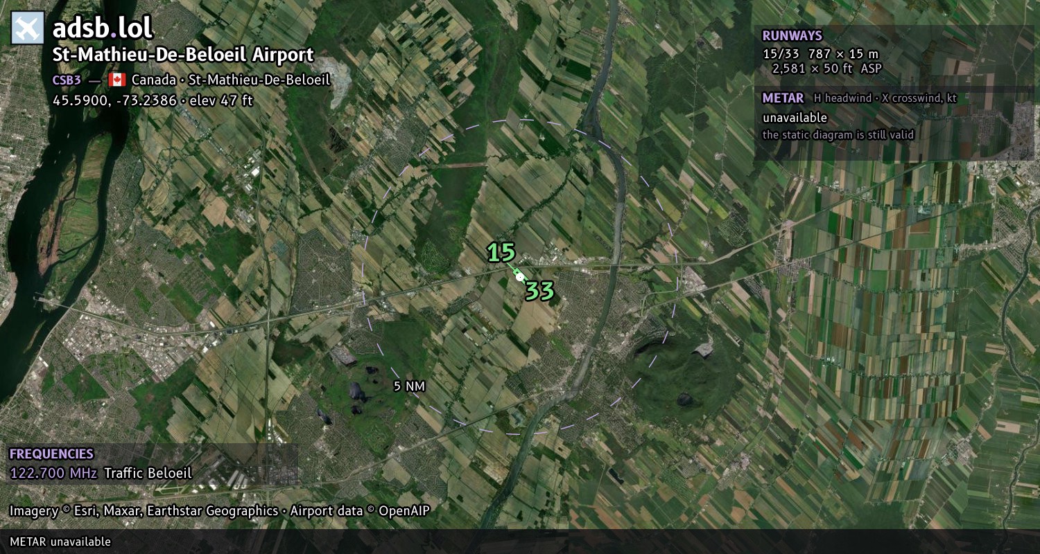 Satellite map with the runway layout of St-Mathieu-De-Beloeil Airport (CSB3)