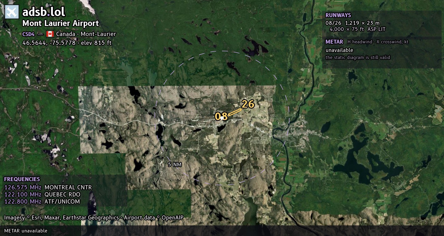 Satellite map with the runway layout of Mont Laurier Airport (CSD4)