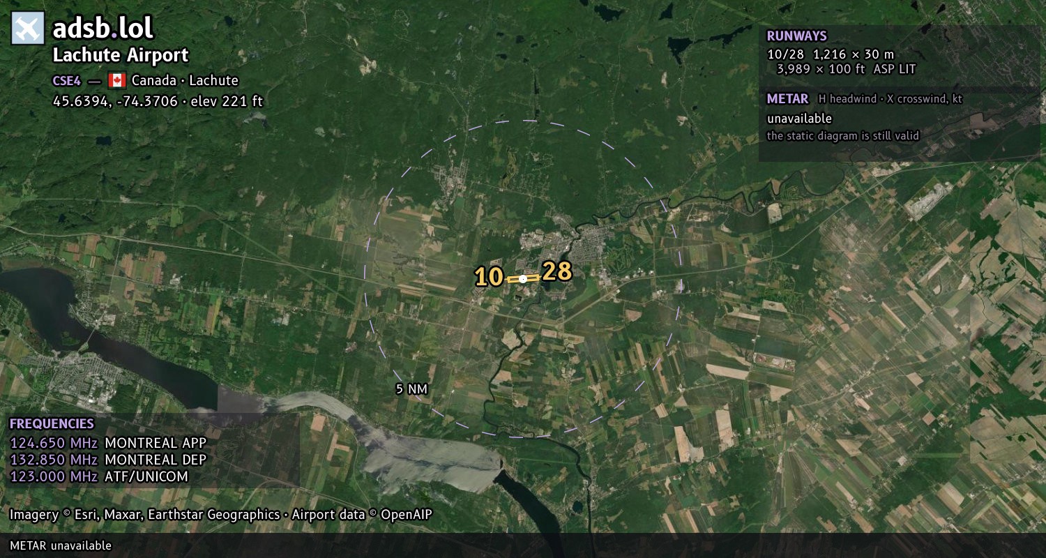 Satellite map with the runway layout of Lachute Airport (CSE4)