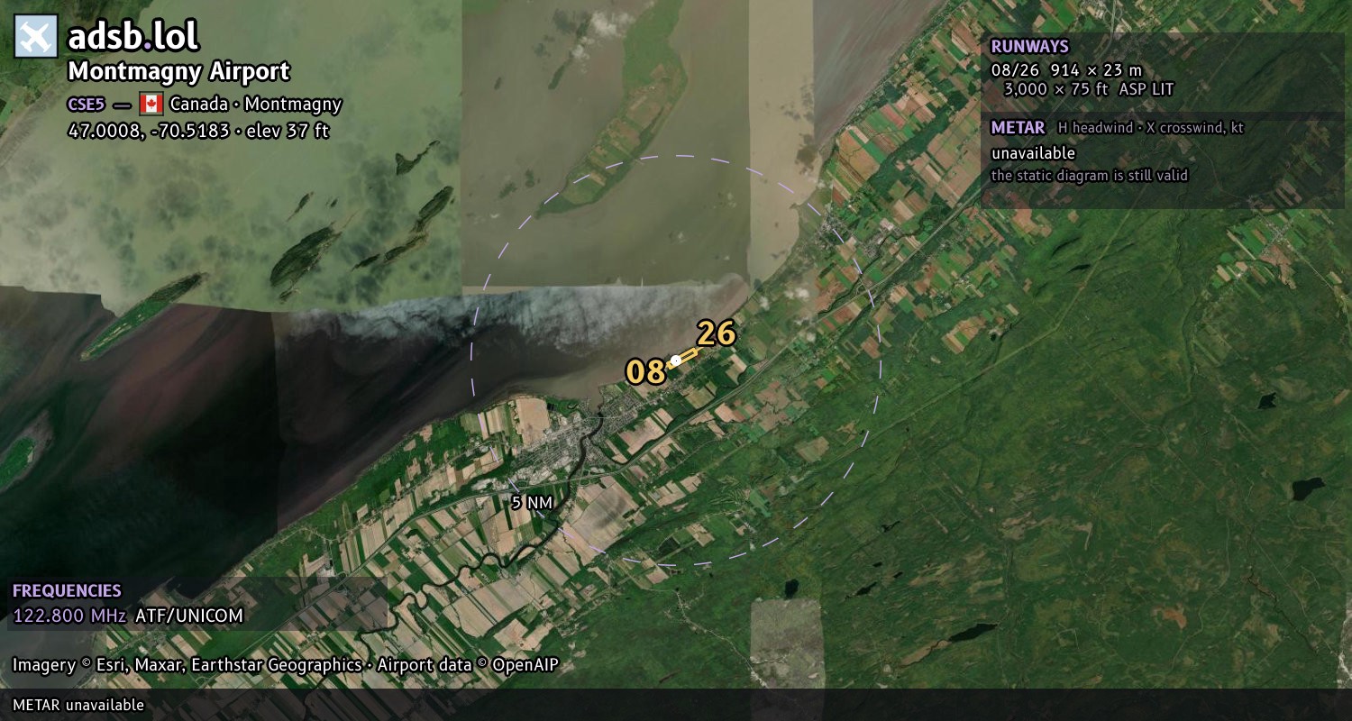 Satellite map with the runway layout of Montmagny Airport (CSE5)