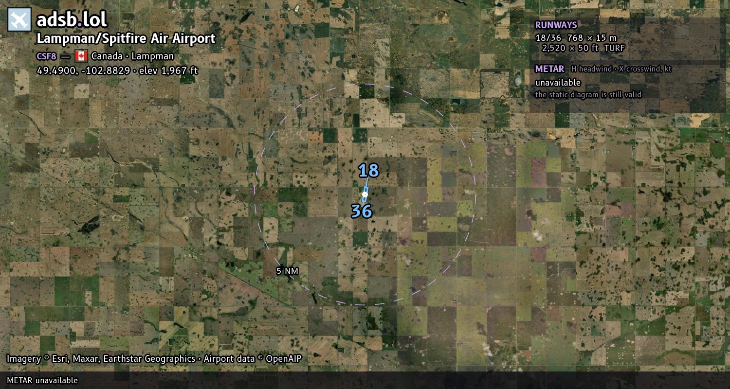 Satellite map with the runway layout of Lampman/Spitfire Air Airport (CSF8)
