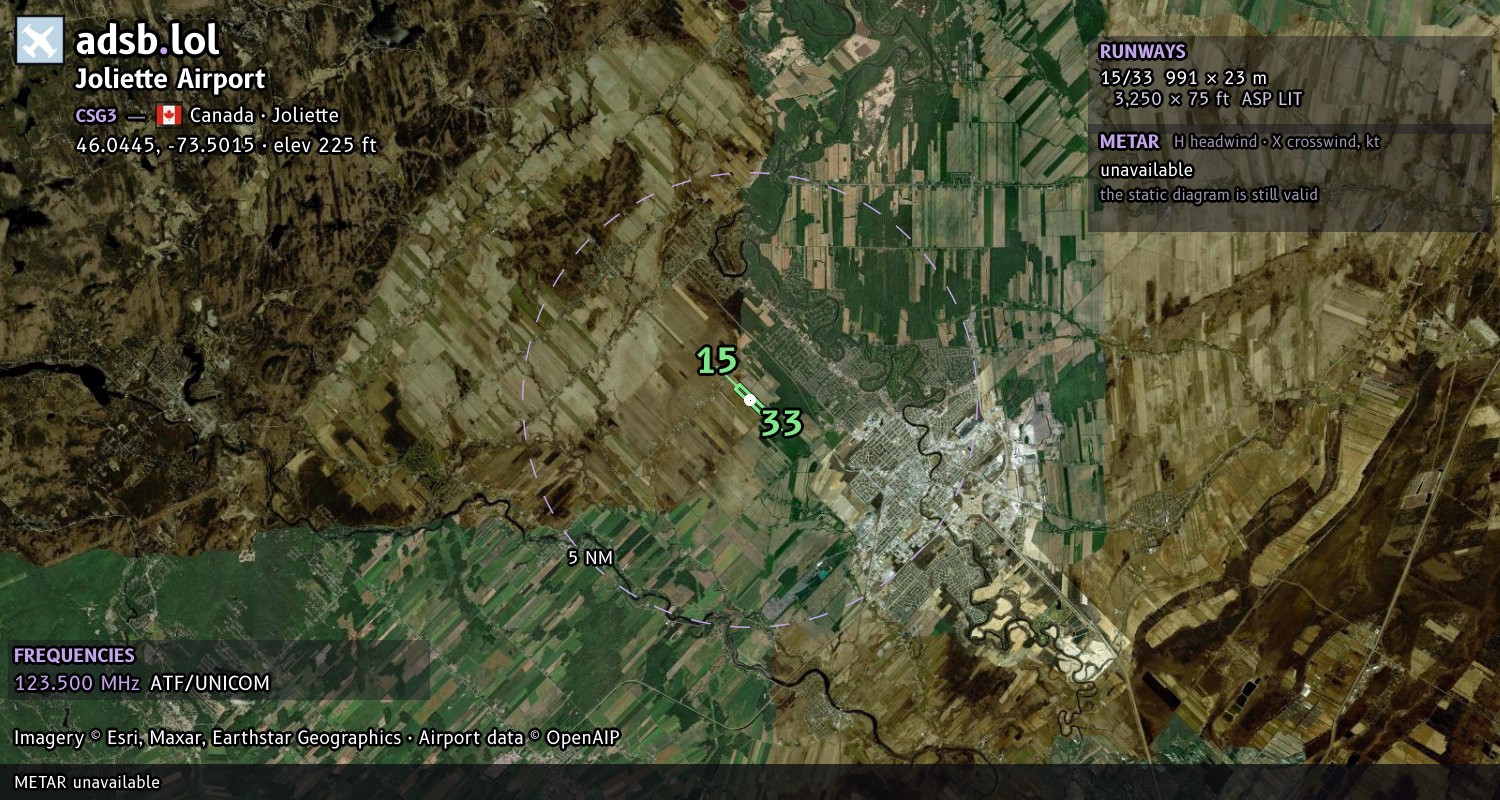 Satellite map with the runway layout of Joliette Airport (CSG3)